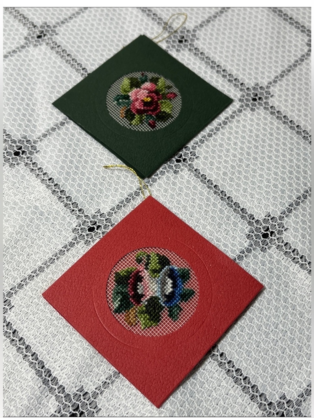 Handmade Floral petit point Tree Ornaments
Red and Green